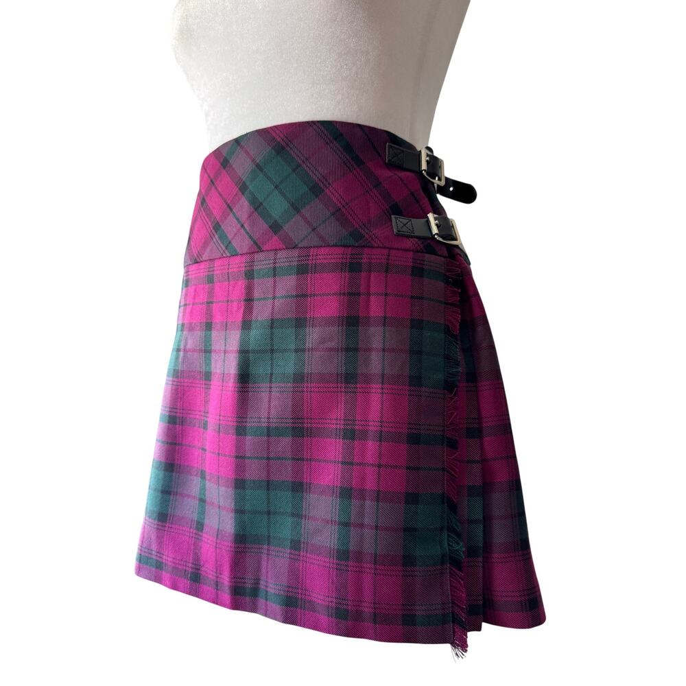 Magenta & Green Plaid Wrap Mini Skirt w/ Side Buckles Made in Scotland